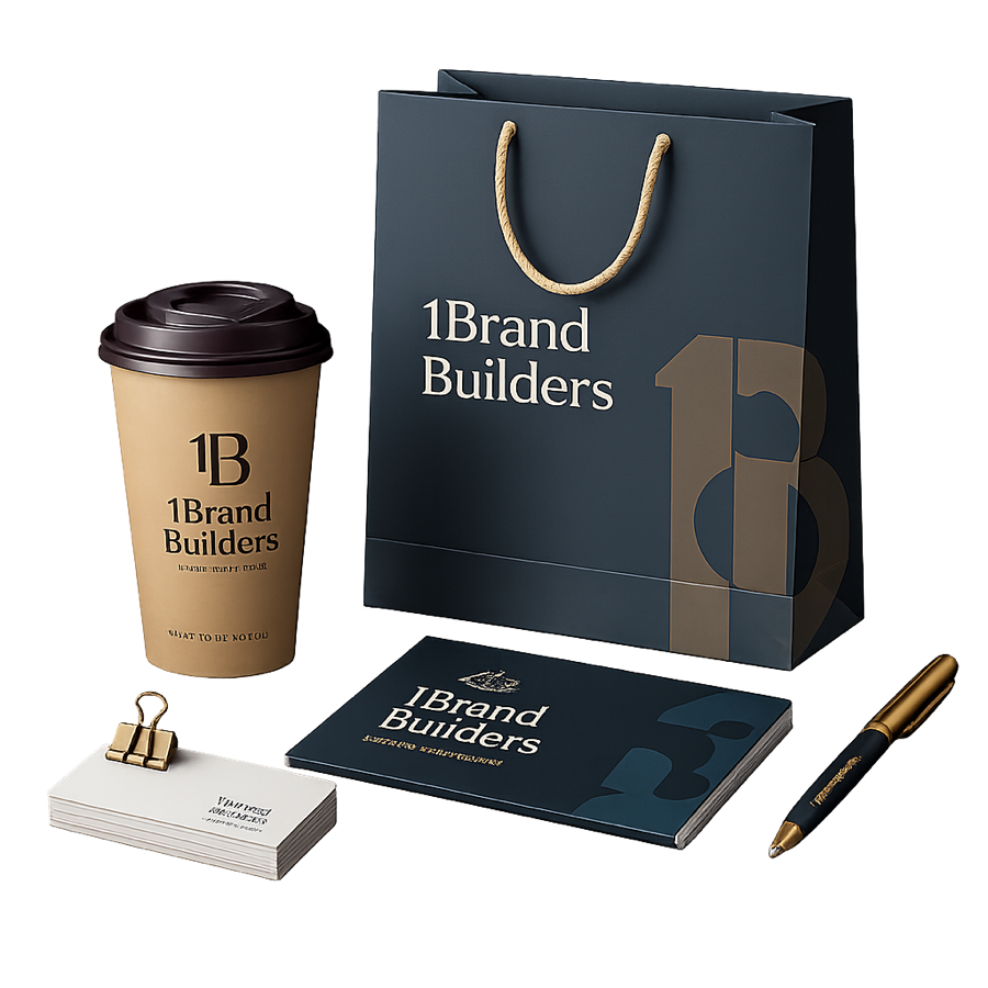 Premium 1Brand Builders packaging, coffee cup and stationery mockups