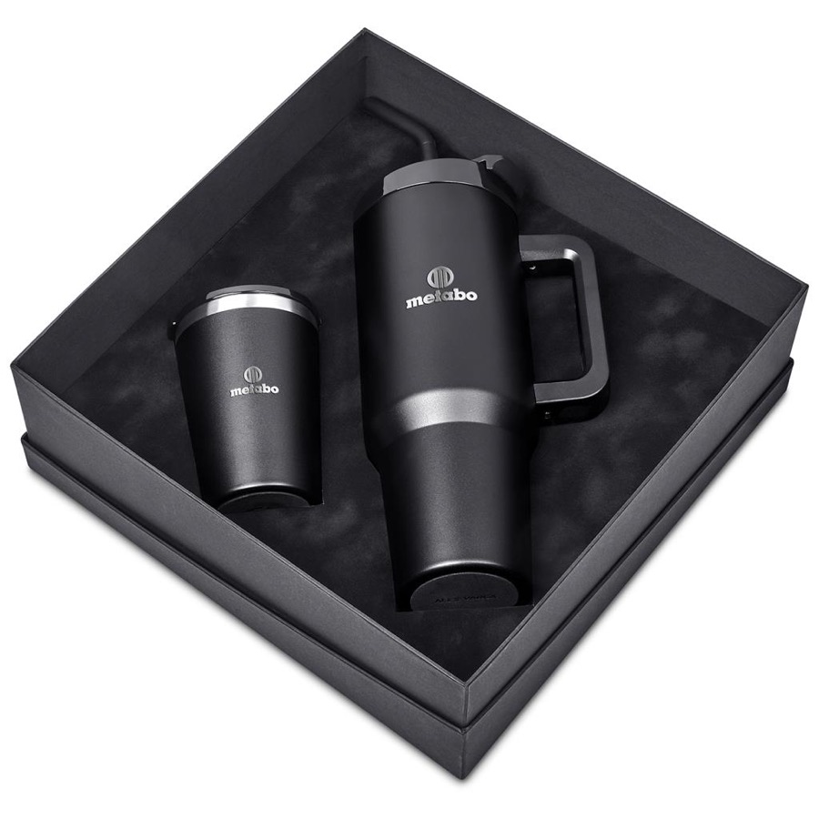 Corporate gift set: travel mug and tumbler in a black box